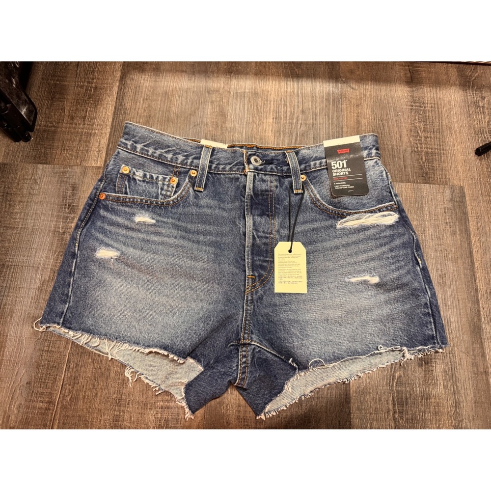 Levis 501 Original Shorts Womens 28 High Rise Distressed Denim Medium Wash New